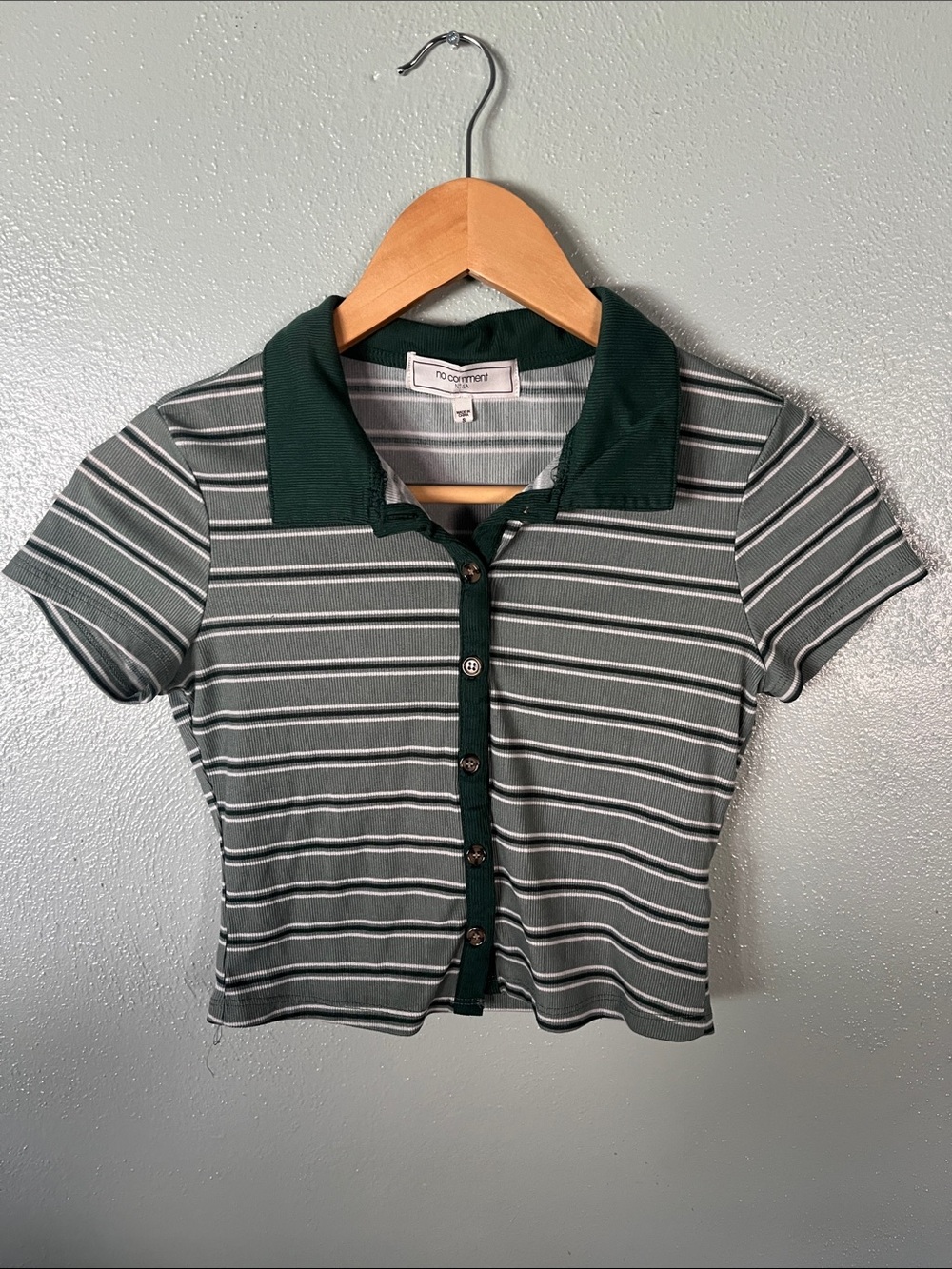 Green Striped Polo Button-Front Top